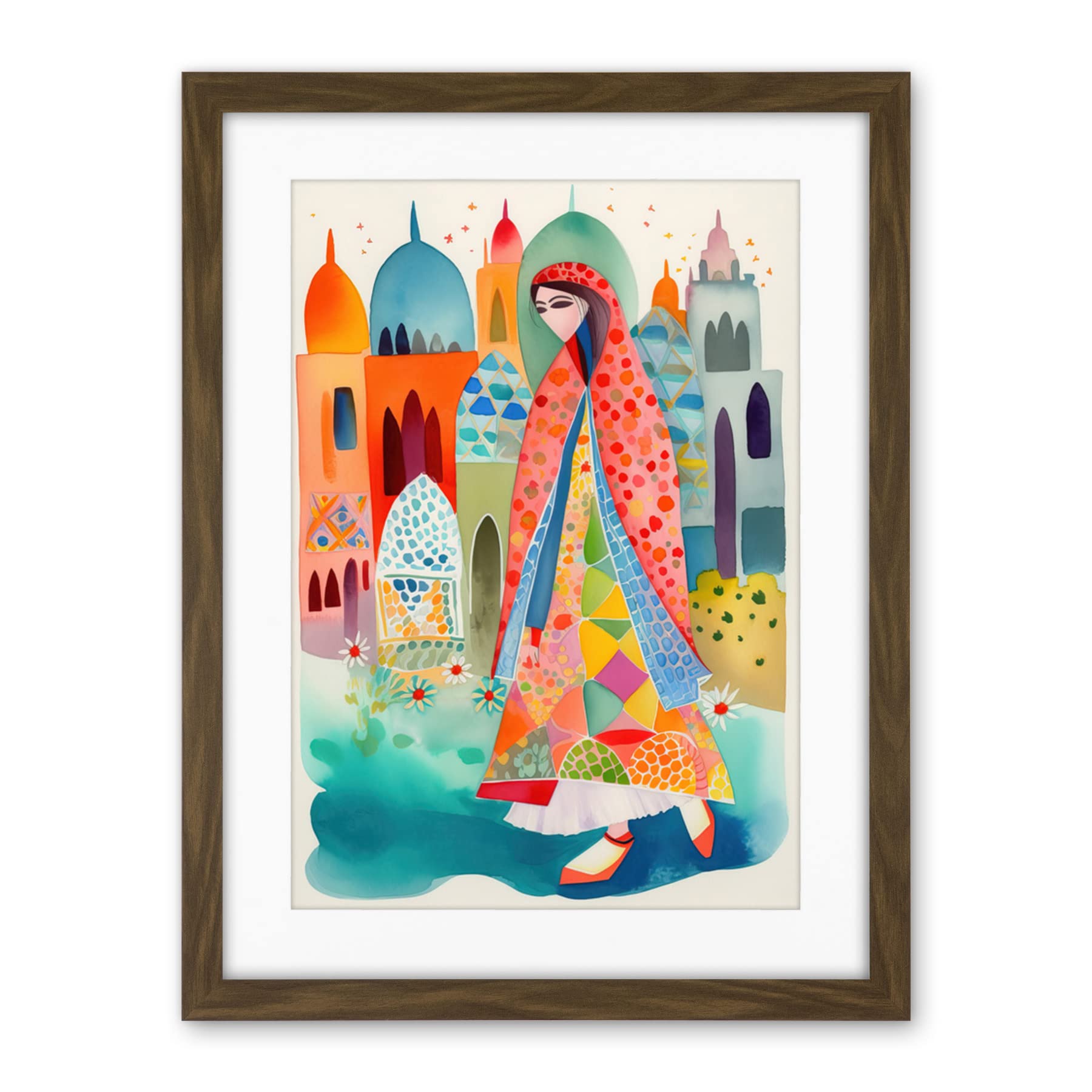 Artery8 Hijab Muslim Woman with Buildings Folk Art Artwork Framed Wall Art Print 18X24 Inch