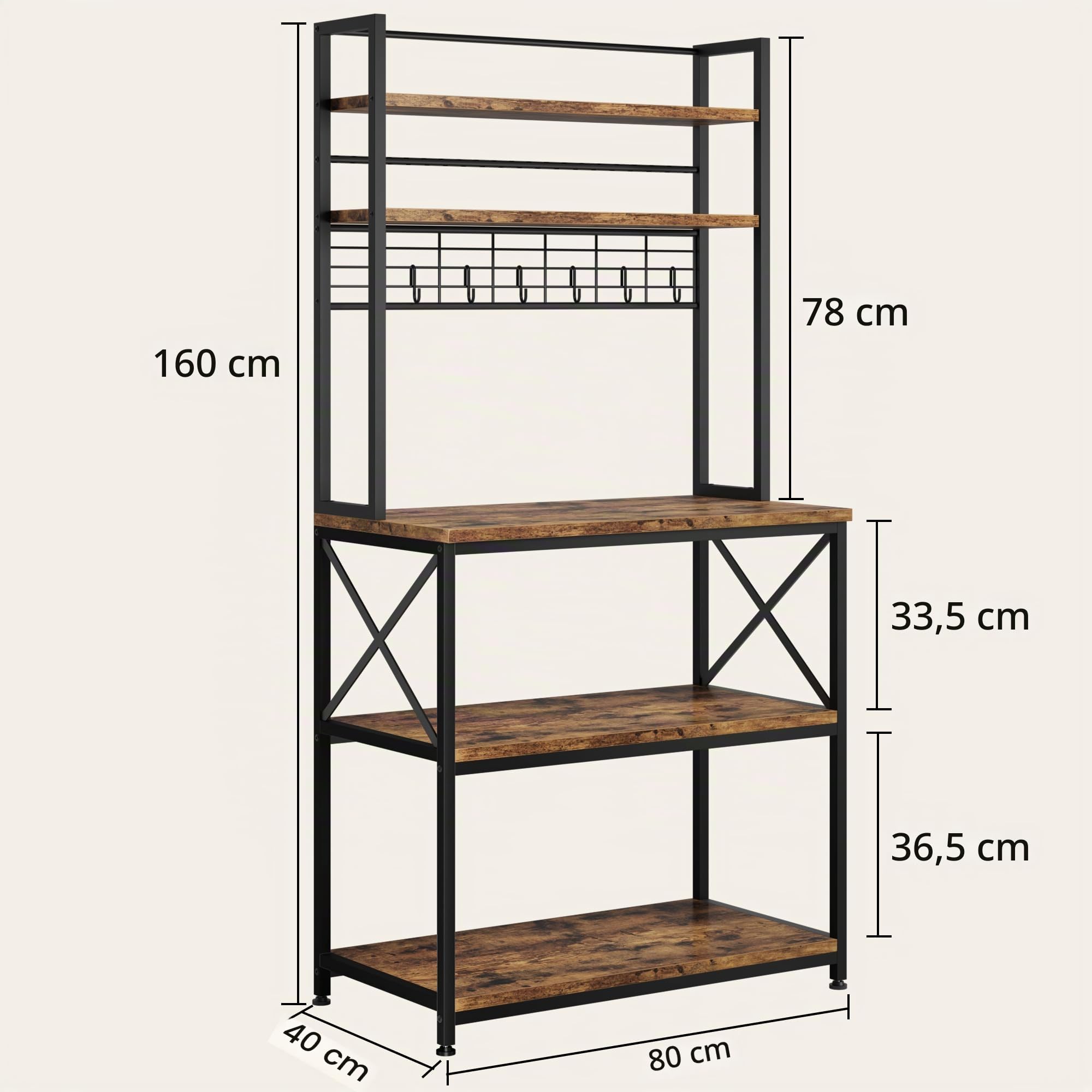 Litake Küchenregal - Standregal für Küche Mikrowellen-Regal mit 5 Regalebenen und 6 Haken, Küchenregal Schwarz mit Gitterplatte Küchenregale für Balkon Speisekammer Kellerraum Wohnzimmer