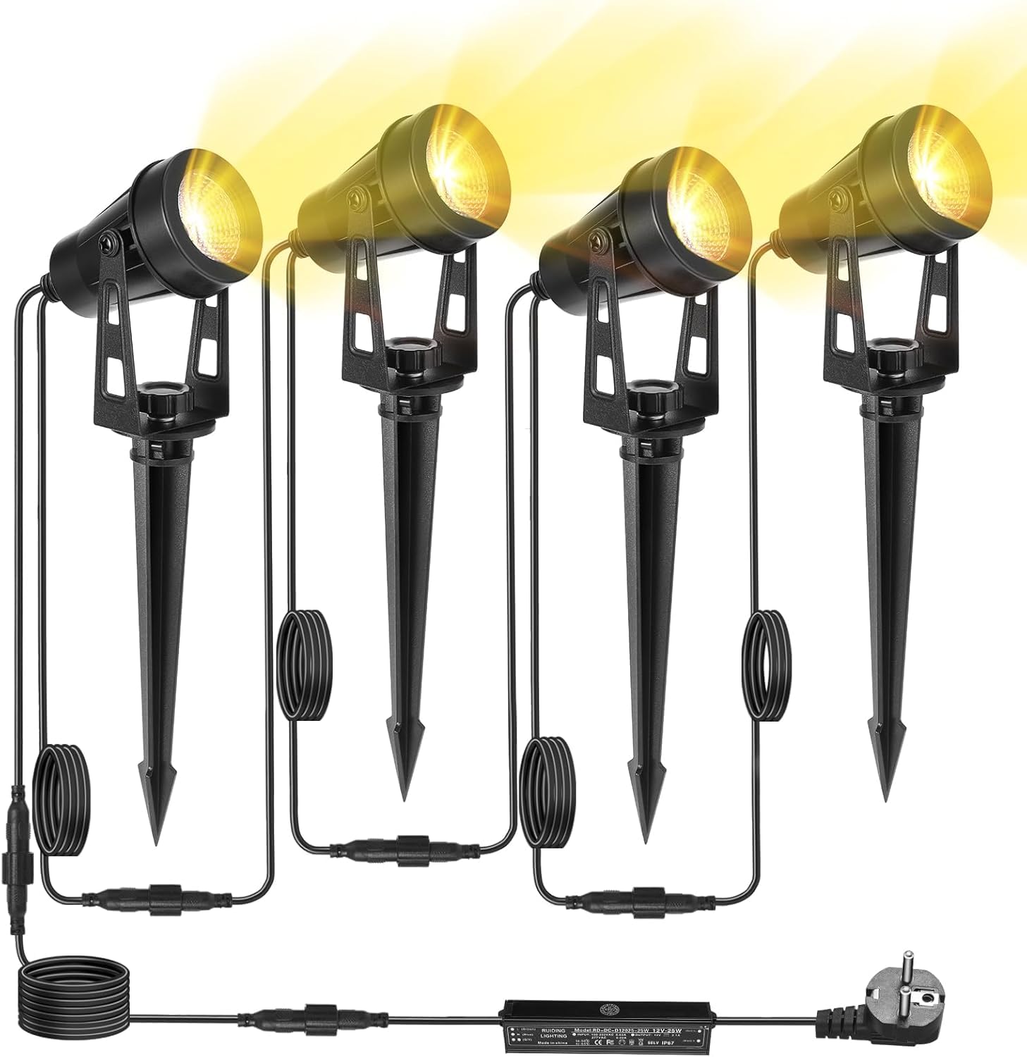 LAMPELIP Gartenbeleuchtung Mit Strom, 4er Pack/15M Gartenstrahler Led Außen Wasserdicht, Weiß 3000K 12V IP65 Strahler Außen mit Stecker und Erdspieß für Gartenweg, Terrasse, Bäume, Rasen, Hof