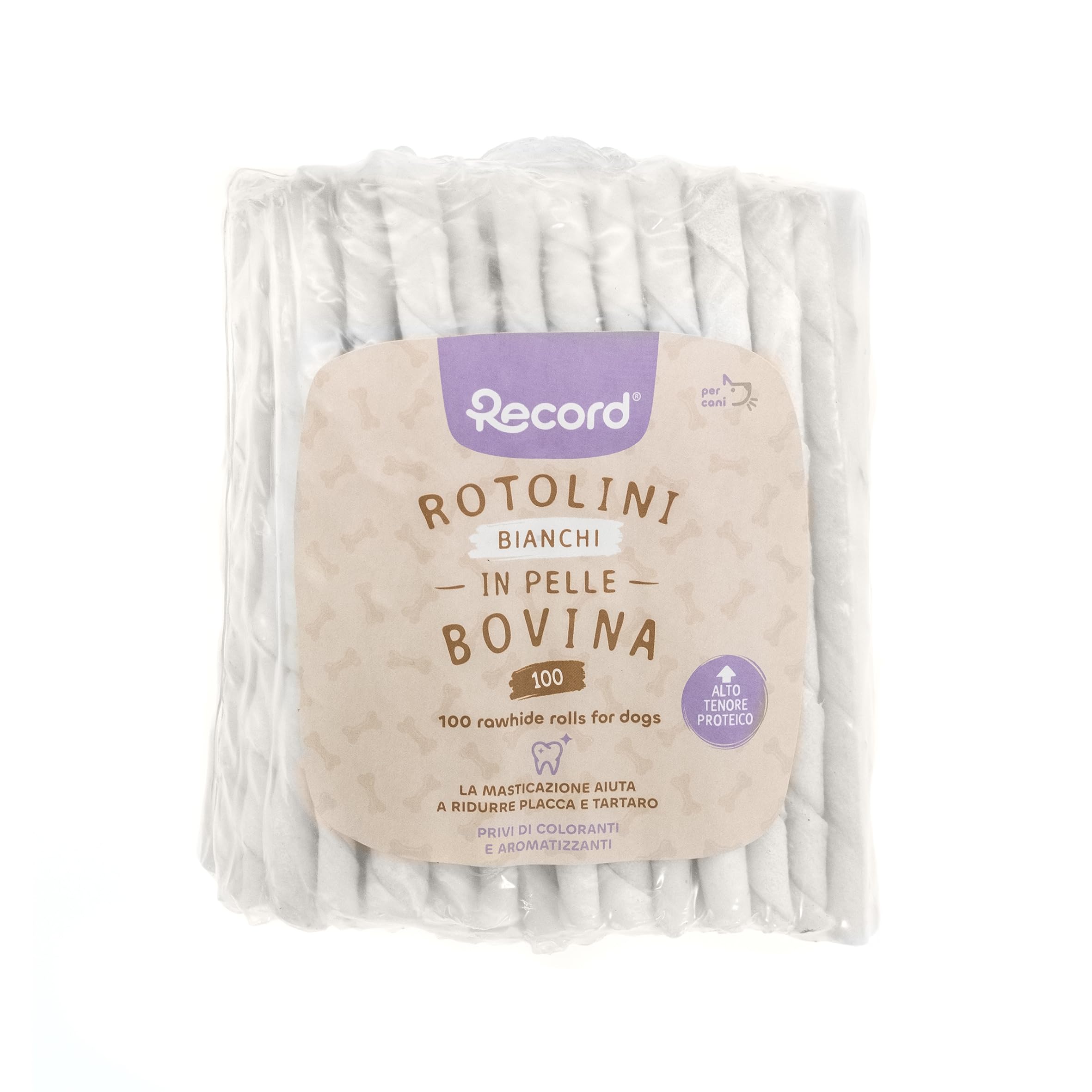 Record - Snack per Cani Stick Termoretratti in Pelle Bovina. Masticativi per Cani Proteici e Naturali, ideali per la Salute Gengivale. Realizzati con Essicazione Naturale | 100 stick Bianchi, 550 gr