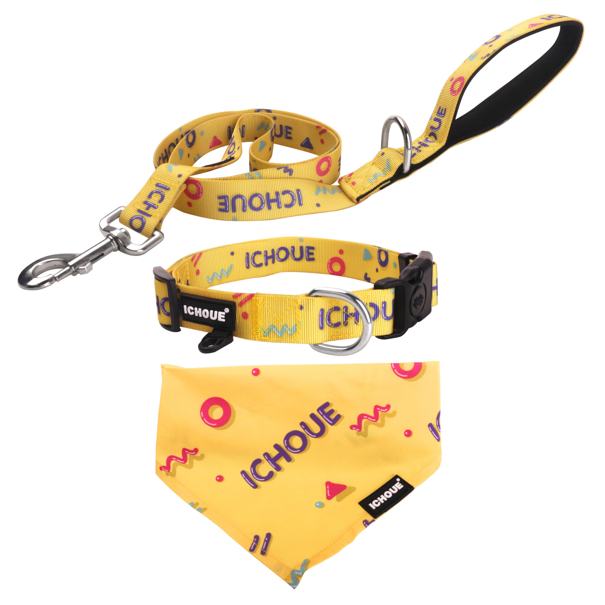 iChoue Original Print French Bulldog Collar with Leash Bandana Set Adjustable for Frenchie Pug English Boston Terrier Dogs, Yellow, Medium โ image 1