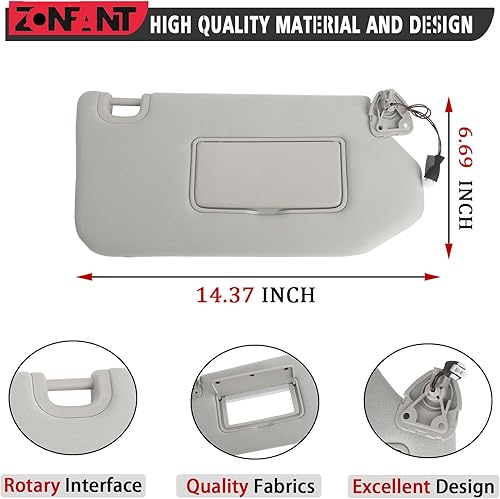 Miniatura 4 de ZONFANT Parasol lateral derecho gris del pasajero con lámpara y espejo sin techo corredizo compatible con Infiniti QX60 JX35 2014-2017, Nissan