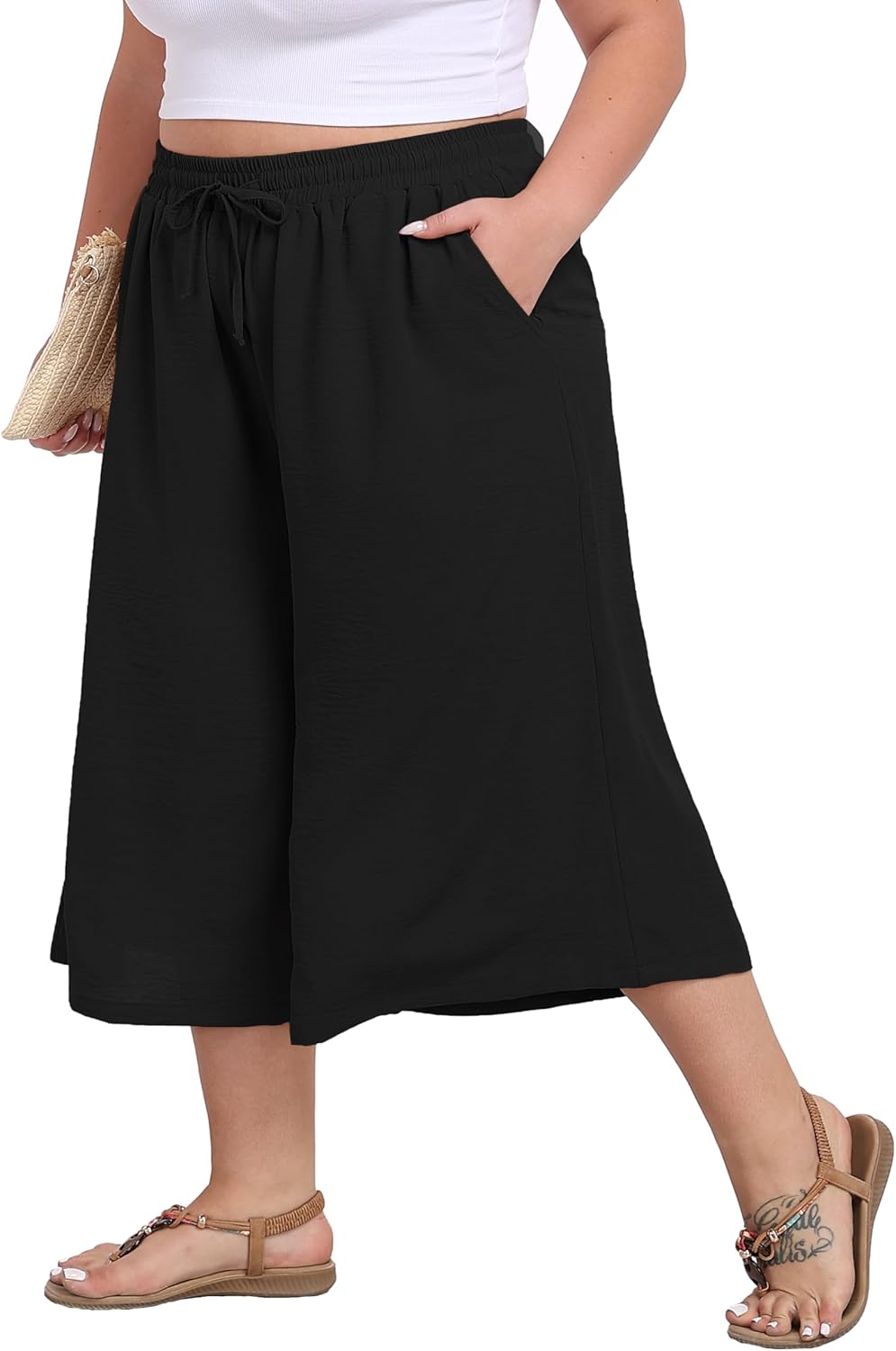 LIGHTBACK Women's Plus Size Wide Leg Capri Pants Loose Lounge Cropped Culottes Summer Casual Palazzo Pants with Pockets - Image 6