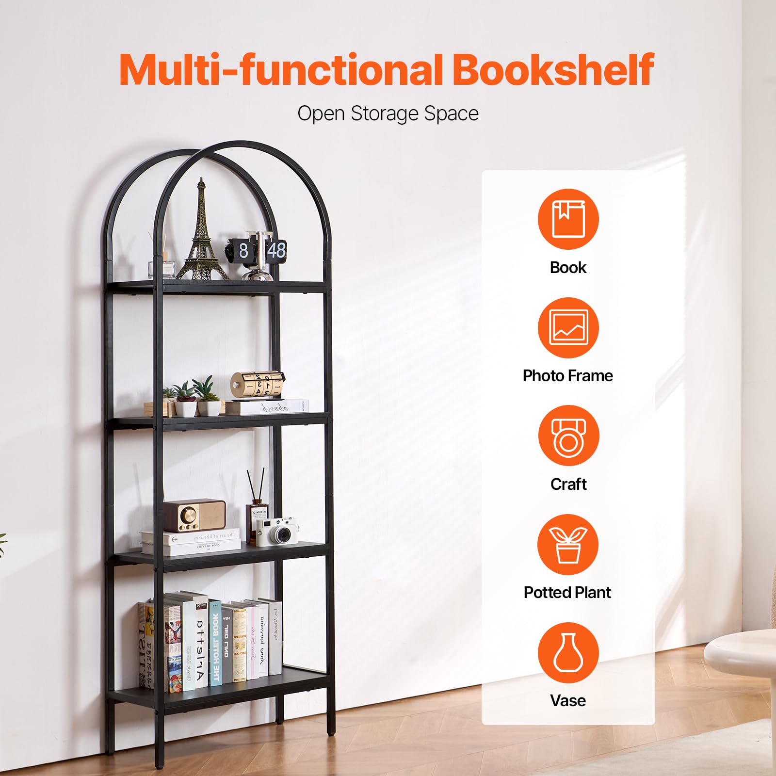 VEVOR Libreria in Metallo ad Arco Mobiletto Organizzatore da Casa Ufficio, Scaffale Portaoggetti Libri Riviste Forma ad Arco 4 Livelli, Scaffale con Ripiani Aperti, Scaffale Espositore Indipendente