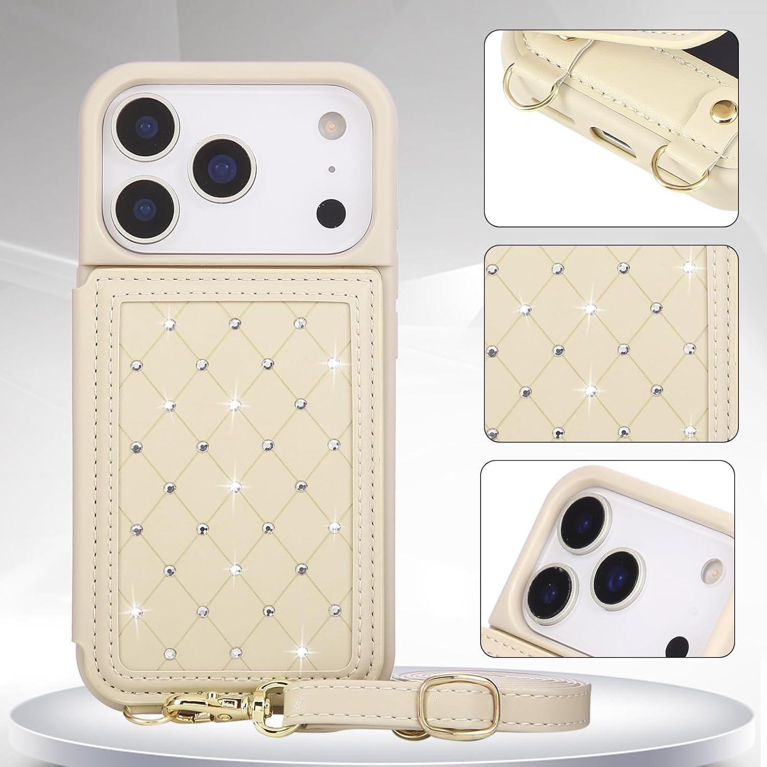 Crossbody Wallet Case for iPhone 17 Pro(6.3") with Detachable Strap - PU Leather Flip Folio with Card Slots & RFID Blocking, Sparkling Diamond Accents-Beige - Image 6