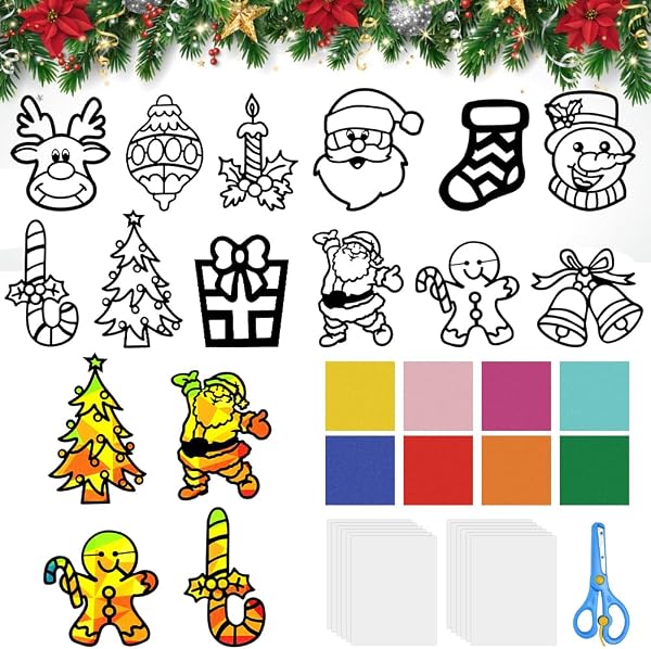 Huucozn 12 Stück Fensterbilder Basteln Weihnachten Kinder Suncatcher Bastelset Weihnachtsbastelset Weihnachtsdeko Basteln Bastelvorlagen für Weihnachts Kinder Geschenk Wand Fenster Raumdekoration - 1