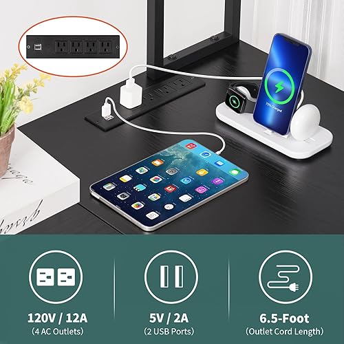 Miniatura 9 de Yoobure Escritorio en forma de L para juegos con tira LED y toma de corriente, escritorio reversible en forma de L con estante de almacenamiento y