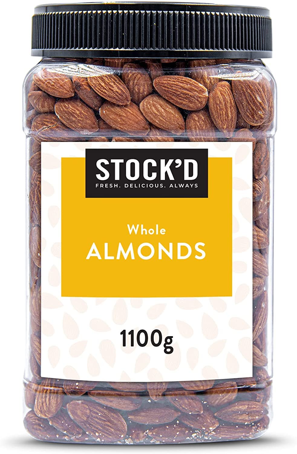 STOCK'D Raw Whole Almonds, 1.1kg, Unroasted and Unsalted Nuts Perfect for Snacking or Baking with No Preservatives in Reusable PET Jar