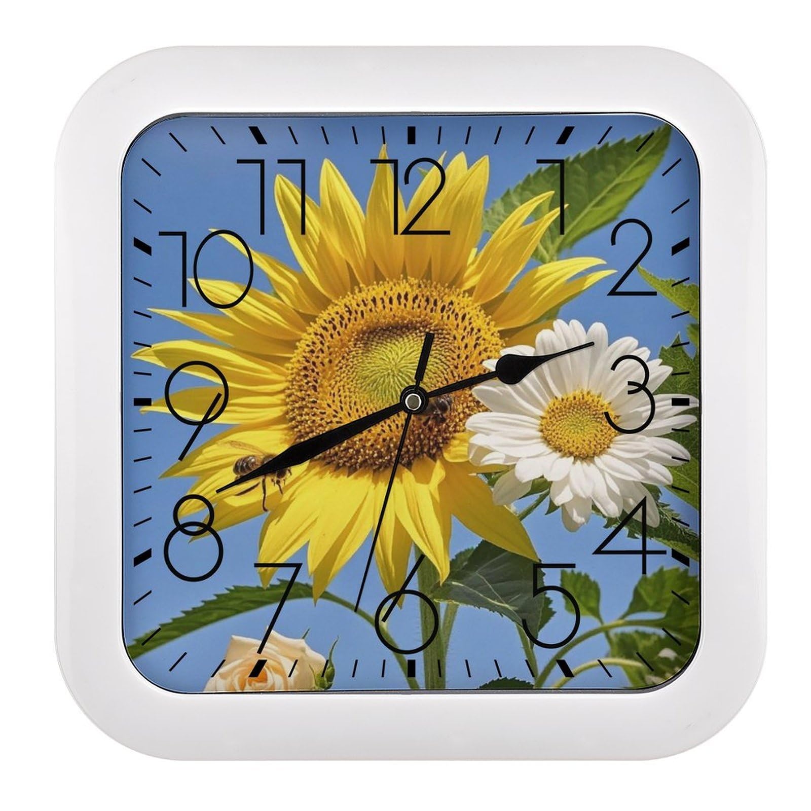 FekiLoot Square Bees Sunflowers Daisy Rose Flowers Wall Clock Decorative Battery Operated Analog Clocks Silent Non-Ticking Frame Wall Clocks Perfect Kitchen Or Office Clock 10 Inch