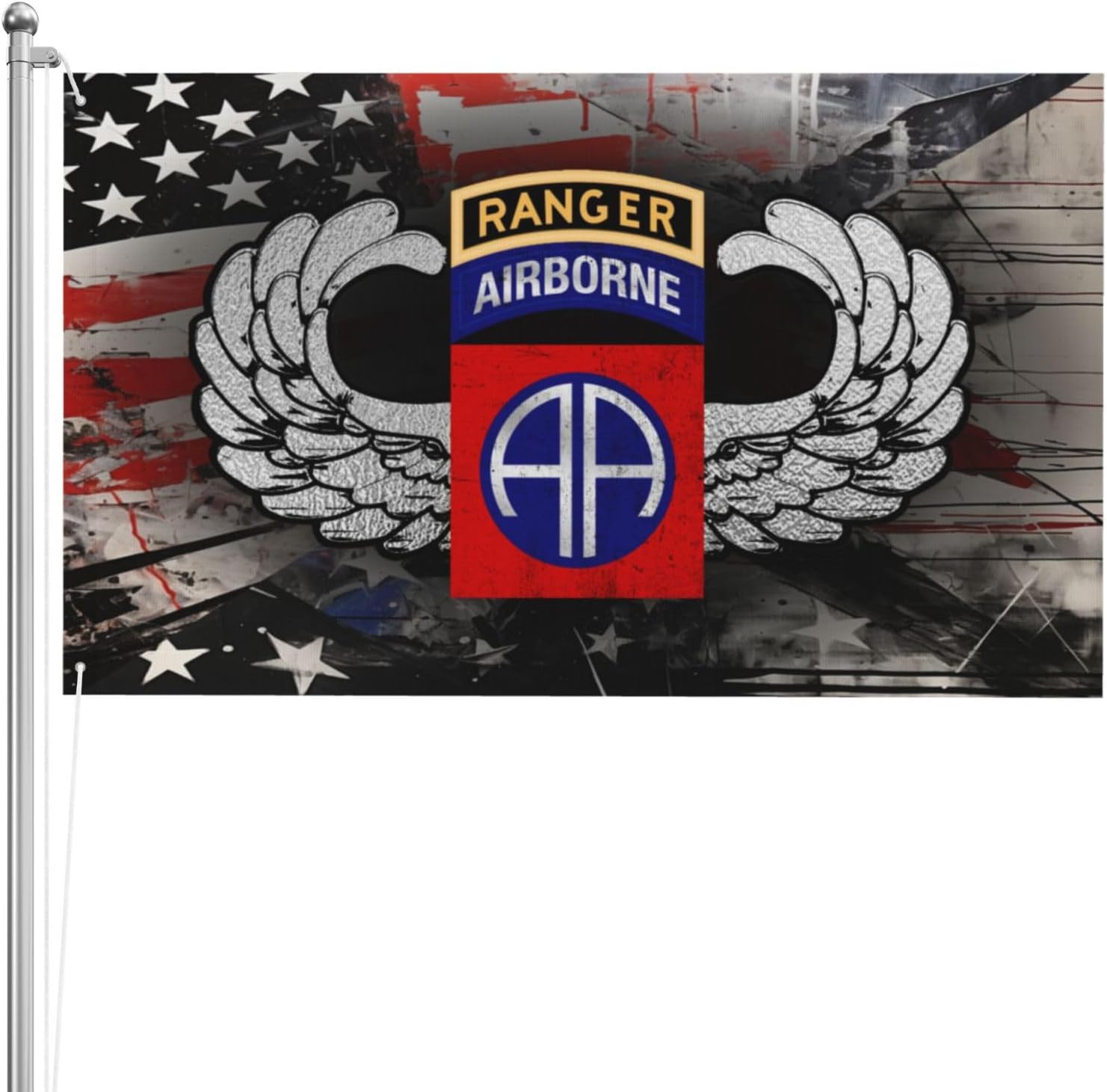 82nd Airborne Parachutist Wings Patch & Ranger Tab Heavy Duty 3x5 FT Double Sided 3 Ply Flag, UV & Fade Resistant with Brass Grommets