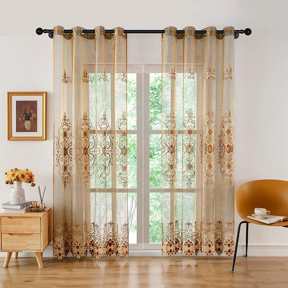 ELKCA Brown Embroidered Sheer Curtains for Living Room Luxury Sheer Tulle Curtains for Bedroom,W52inch by L96inch,Grommet Top,Pack of 2