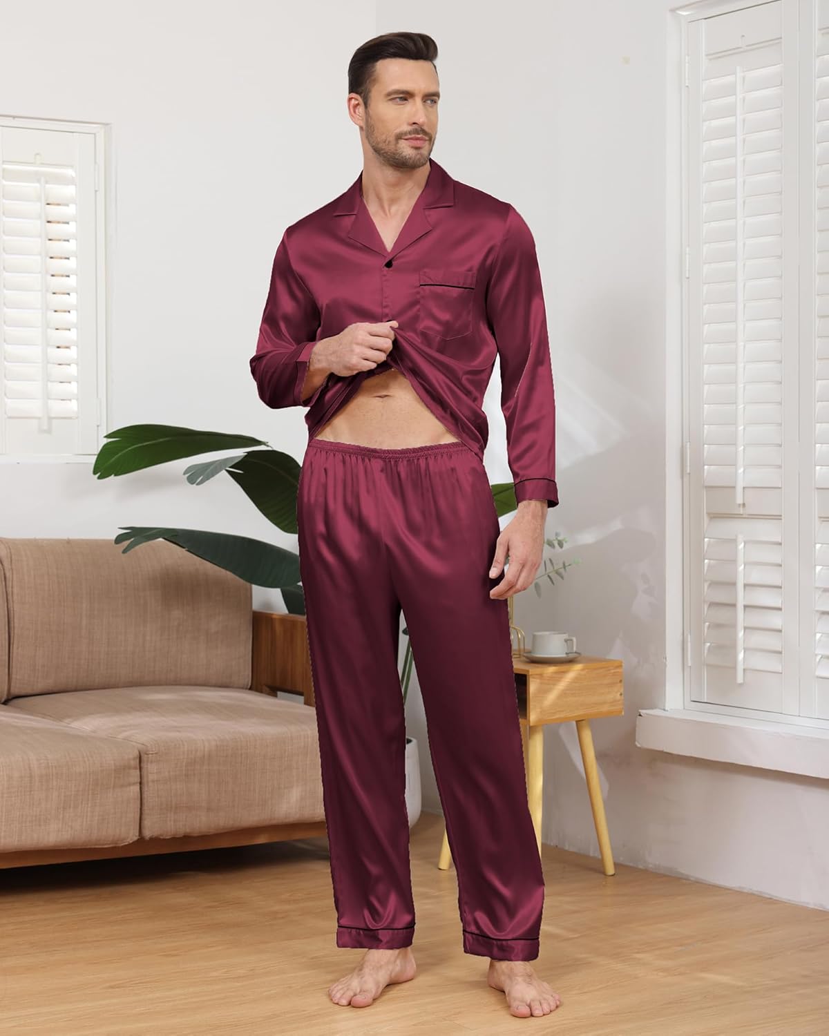 Mens Silk Pajama Set Satin Pajamas Set for Men Long Sleeve Button-Down Sleepwear Loungewear with Pants - Image 2