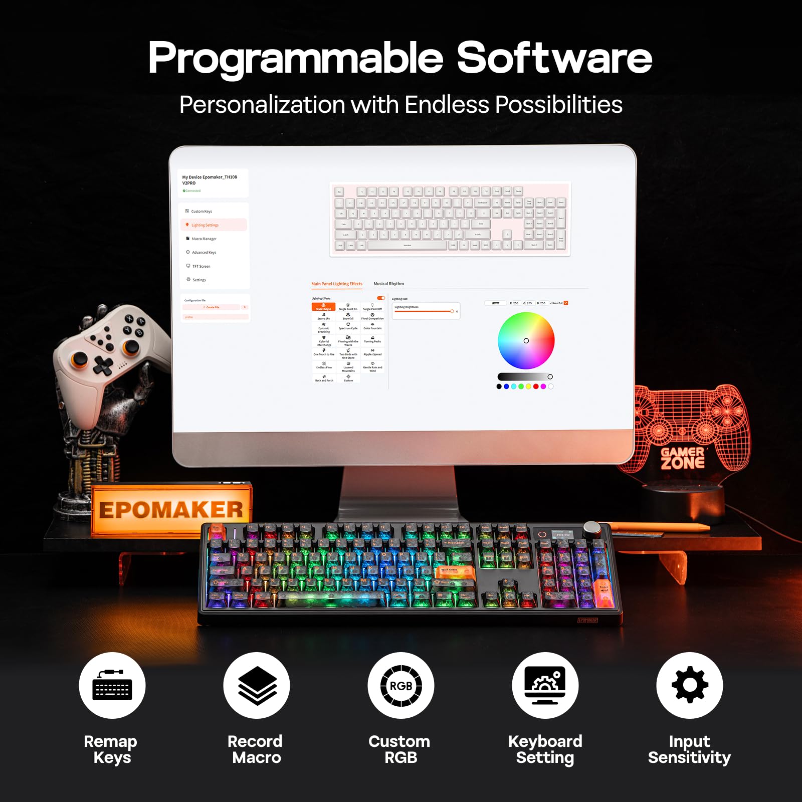 EPOMAKER TH108 V2 PRO Tastiera Meccanica Full Size con Schermo e Manopola, 10000mAh, BT/2.4Ghz, Tasti PBT per Mac, Hot Swap, Luci RGB, Tastiera Wireless Gaming per Mac/PC (Nero, Creamy Jade)