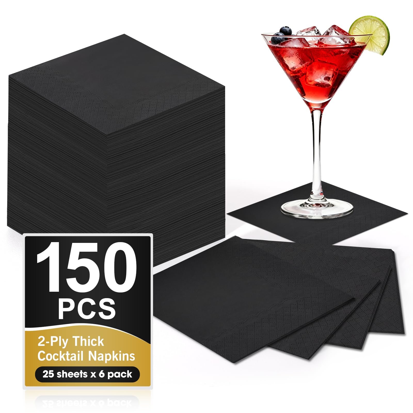 Photo 1 of 150 Count Black Cocktail Napkins Paper, 2-Ply Black Beverage Napkins, Napkins Disposable for Bar Wedding Dinner Party Holiday Christmas and Everyday(4.5x4.5 Inch).