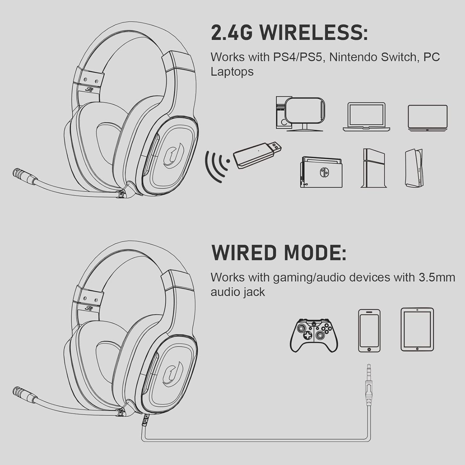 Jeecoo G80 Wireless Gaming Headset - 7.1 Surround Sound, Detachable Noise Canceling Mic, Low Latency 2.4G Wireless Gaming Headphones, Shining RGB - Works with PS4 PS5 PC Laptop Computers : Video Games