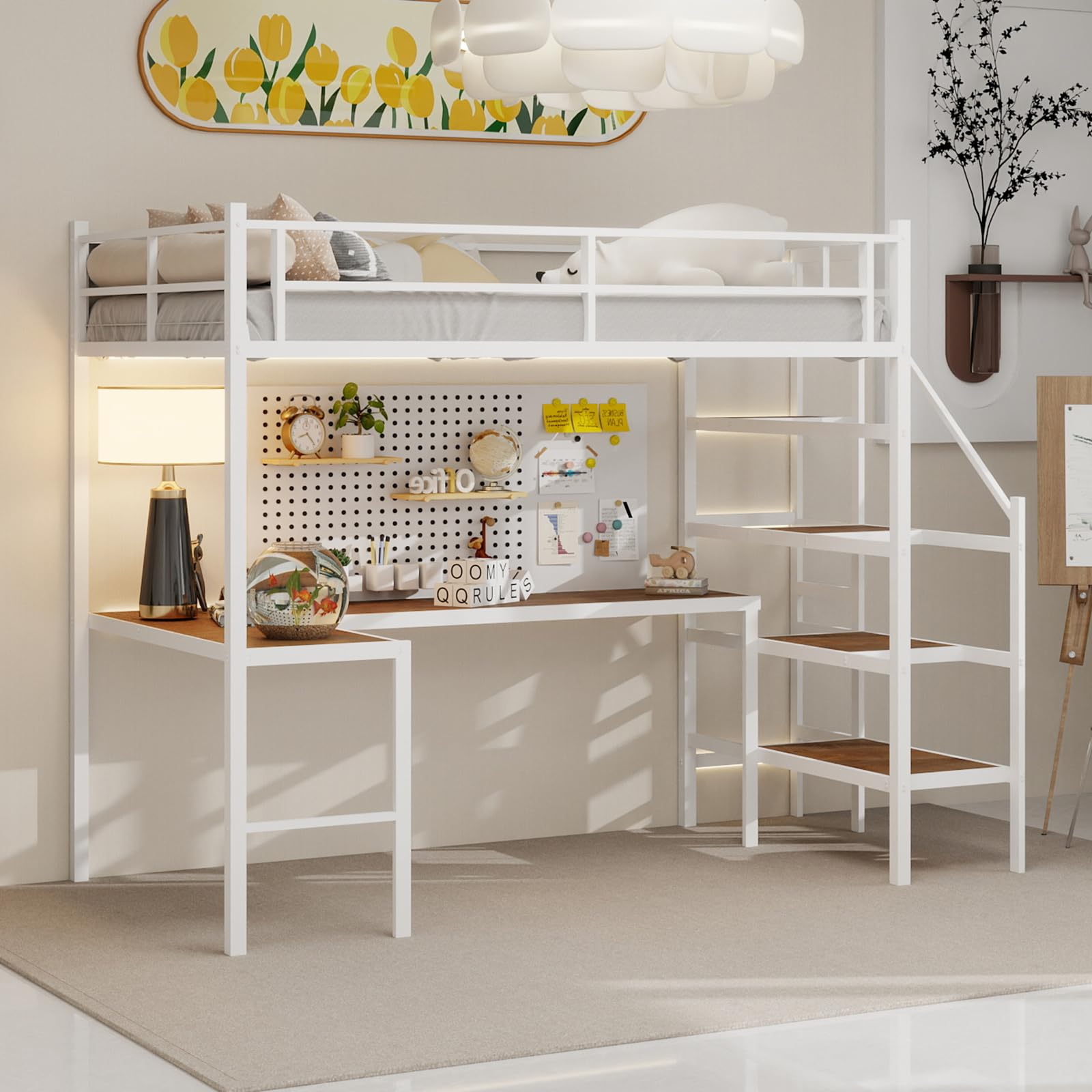 Lit mezzanine 90x190 cm avec bureau en métal blanc pour studio