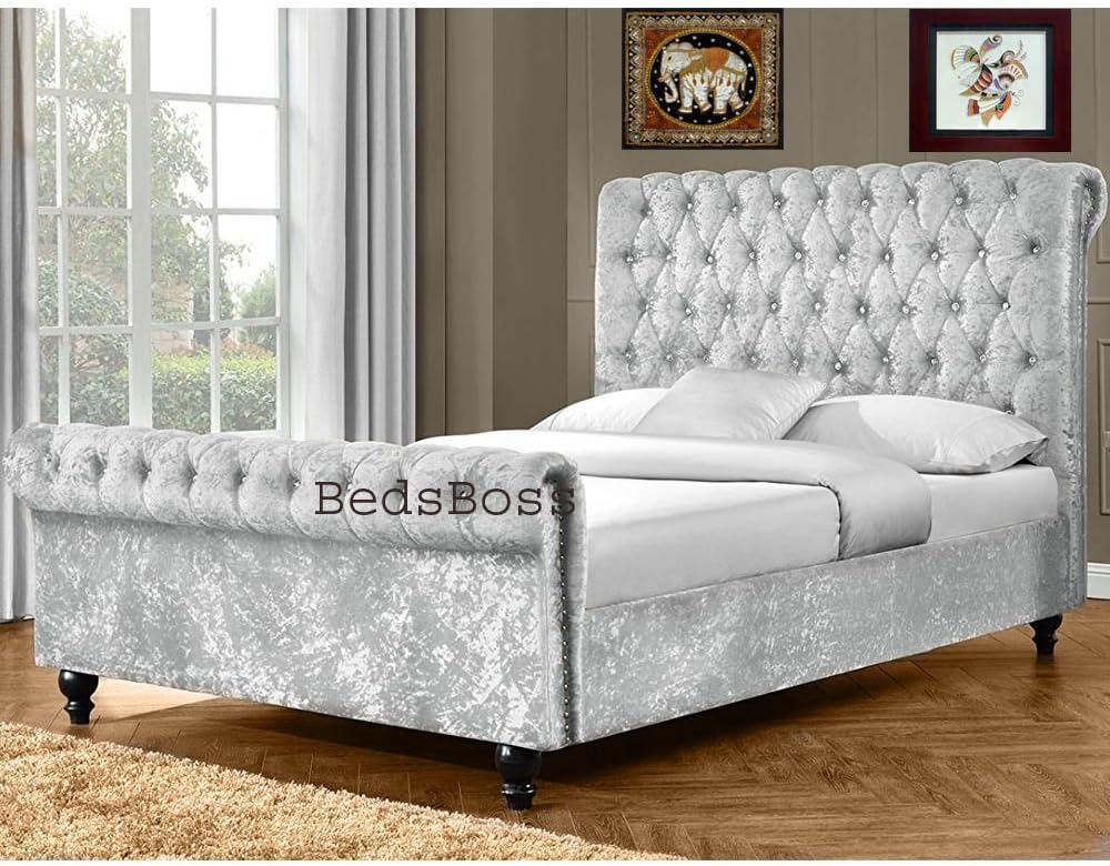 New Stunning Crushed Velvet Fabric Luxurious Quality Upholstered Chesterfield Deluxe Sleigh Bed Frame 6 Ft (Super King Size, Silver Velvet) By BedsBoss