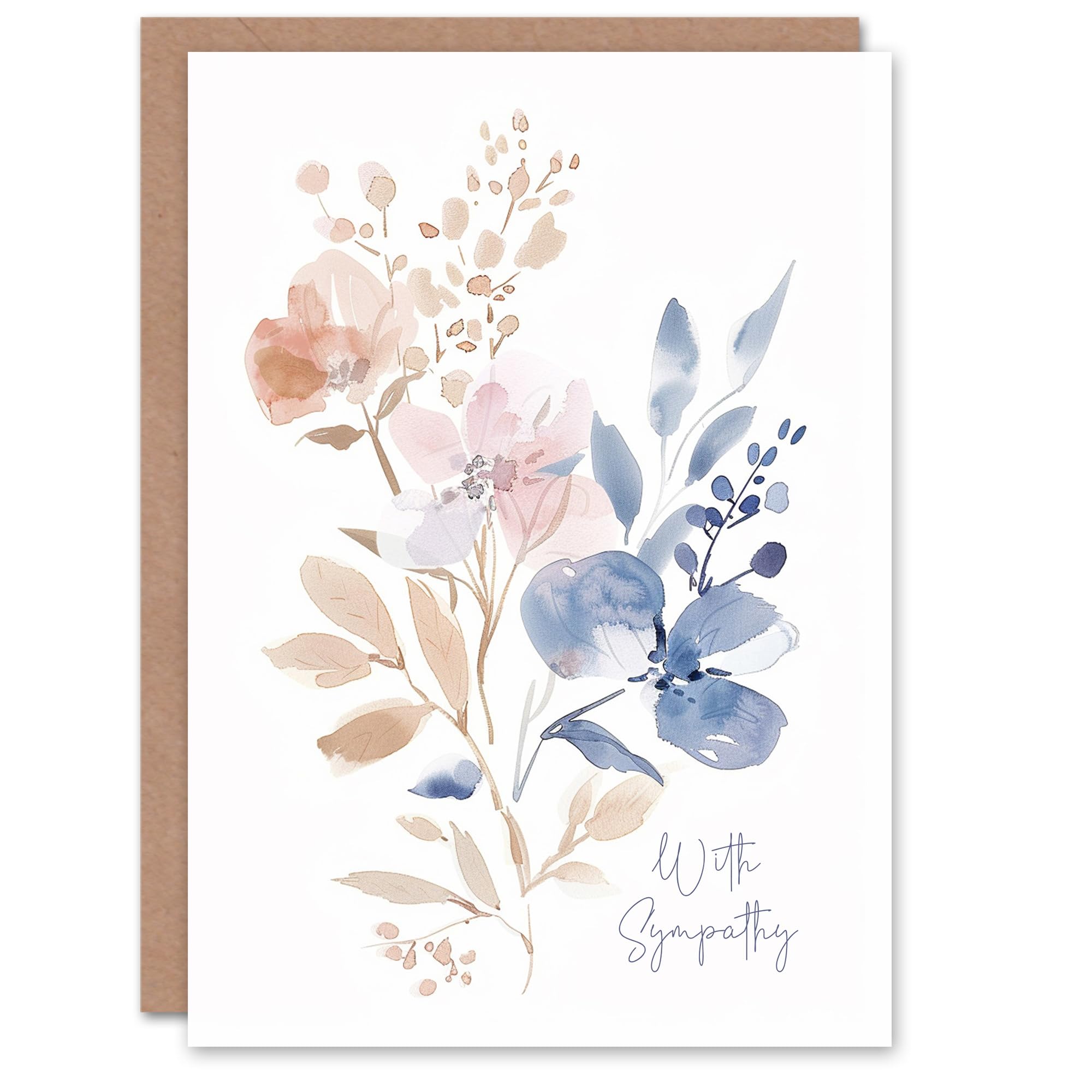 Artery8 Elegant Pink Tan Blue Flower Bouquet Watercolour Blank For Him Or Her Art Sympathy Card