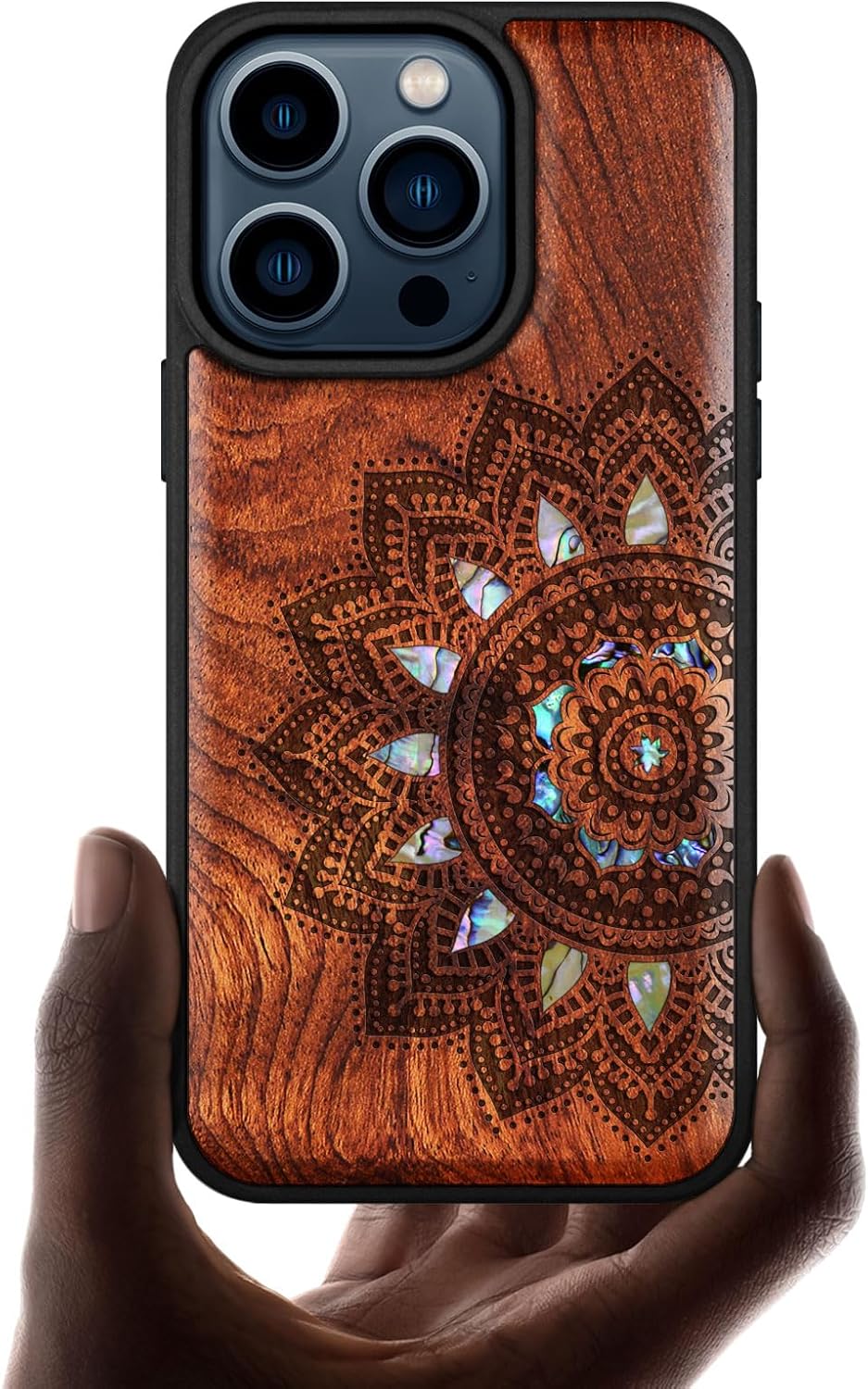 Carveit Wooden Case for iPhone 15 Pro Magnetic Case, Compatible with MagSafe Wireless Chargers, Shockproof Cover, Handmade Shell Inlaid & Wood Artisan Engraved (Mandala Art) Rosy