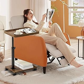 TV Tray Table,360° Swivel Height Adjustable TV Tray for Drink&Snack,Couch Tables That Slide Under,C Shaped End Table with Wheels,Small C Shaped Side Table Living Room&Bedroom-Square Walnut