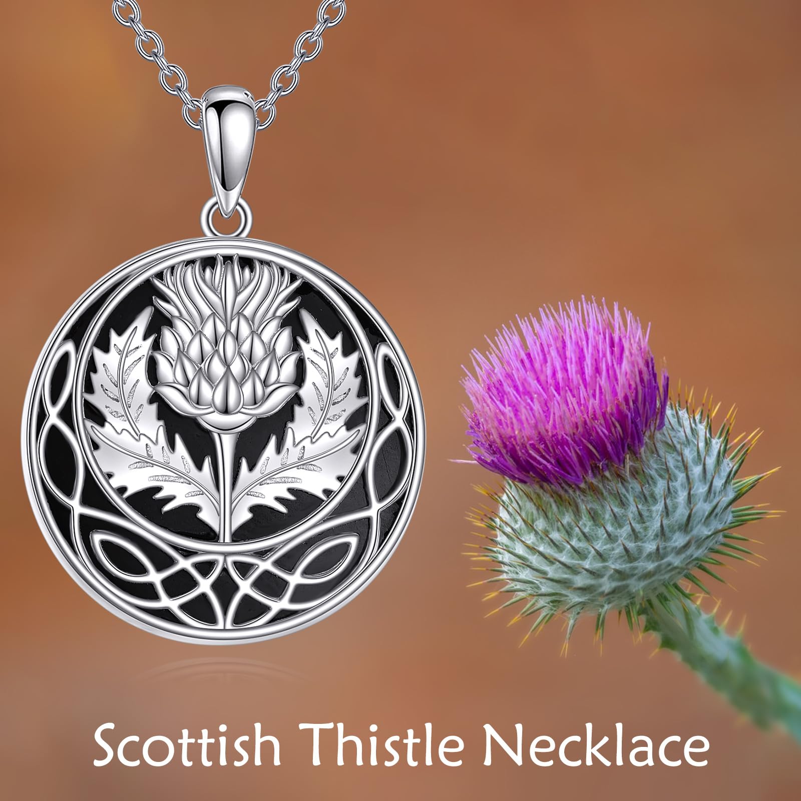Schottische Distel-Halskette Sterling Silber Schottische Distel-Keltischer Knoten Halskette Schwarzer Onyx Schottland Blumen Anhänger Schmuck Geschenke für Damen Frauen Weiblich.