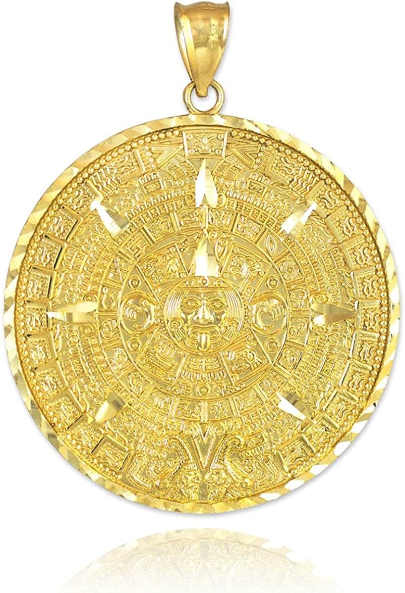 10K Yellow Gold Round Aztec Mayan Calendar Charm Pendant - Choice of Size