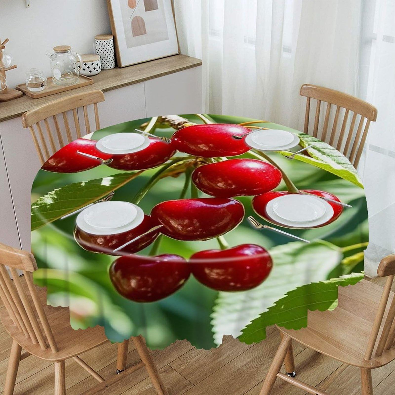 FekiLoot 60 Inch Round Cherry Tablecloth Waterproof Heavy Duty Polyester Table Cloth Spill-Proof Wipeable Table Cover Decorative Circle Dining Tablecover for Party Outdoor