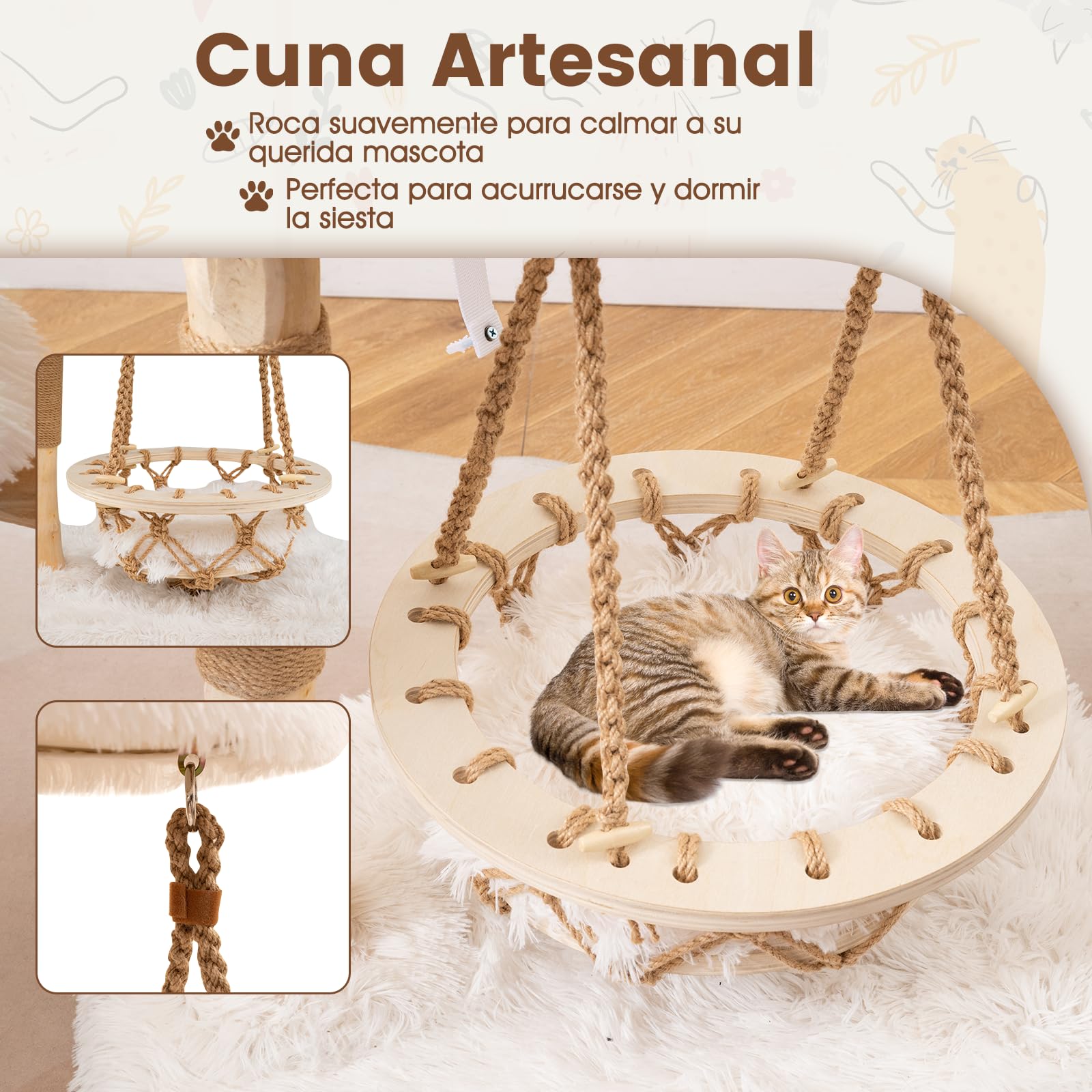 COSTWAY Árbol Rascador para Gatos Moderno, Marco de Madera Peral, 66 cm Torre para Gatitos con Cuna Colgante, Arbol Gatos con Plataforma Acolchada, Cojín de Peluche Suave, Poste de Yute, Blanco