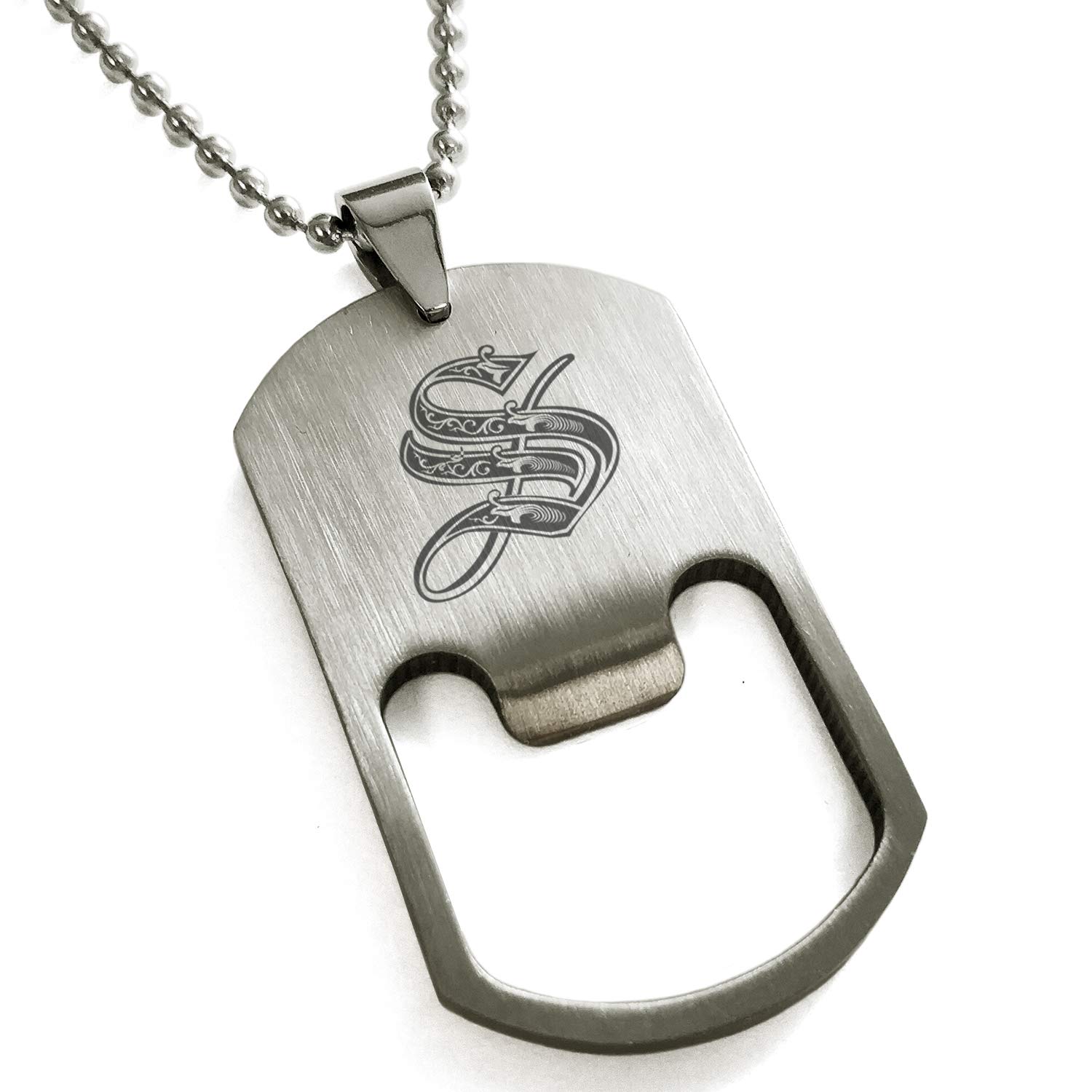 Tioneer Stainless Steel Letter S Initial Royal Monogram Bottle Opener Dog Tag Pendant Necklace