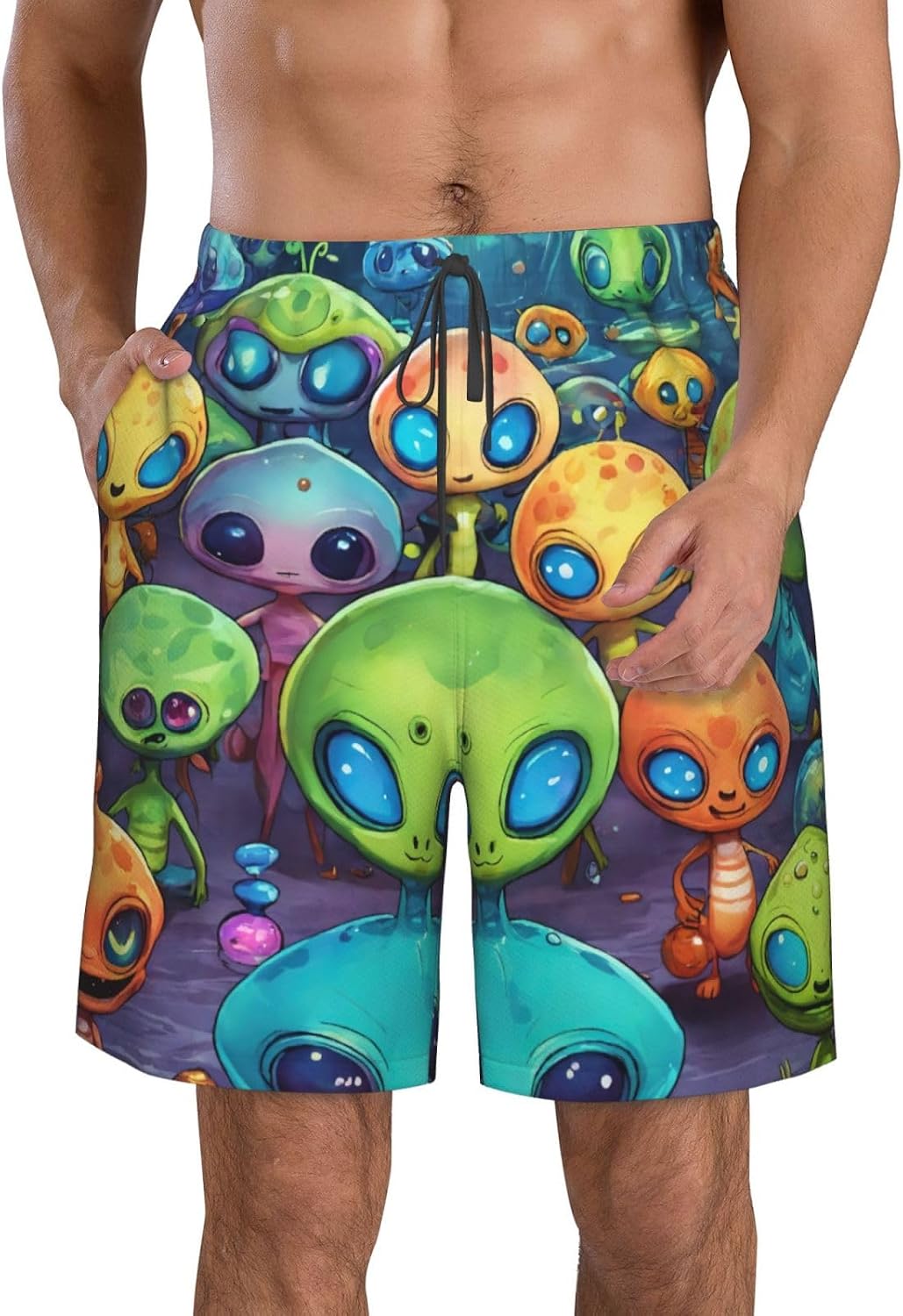 WURTON Astronaut and Alien Print Men's Swim Trunks Quick Dry Beach Shorts with Pockets Lining Swimwear Bathing Shorts