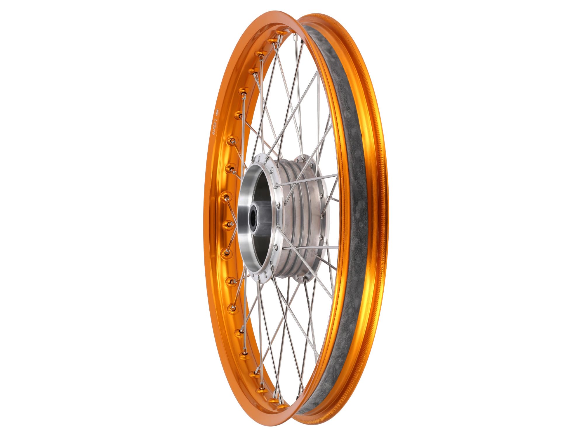 Rueda de radios 1,6 x 19" con llanta de aluminio anodizado en naranja, radios de acero inoxidable - Simson S53OR, S83OR