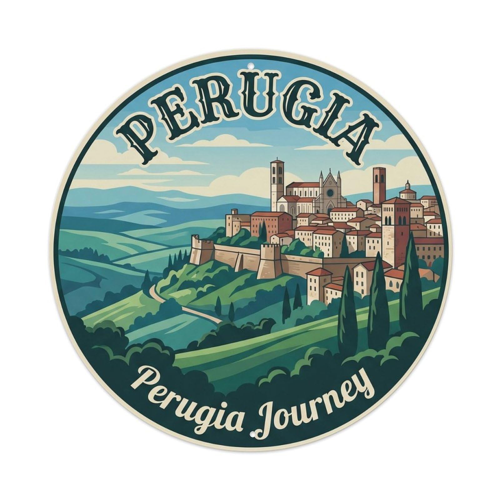 Perugia Hilltop Historic Tourism Classic Destination Metal Tin Sign Plaque Wall Decor for Cafe, Man Cave, Club Bar, Office, Home Garden Round Metal Poster 8x8Inch