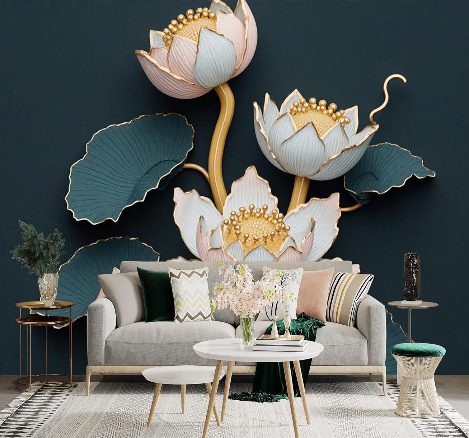 XLMING Three Dimensional Elegant Lotus Flower Gold Detailing Green Leaves 3D Wallpaper Premium Textured Silk Study Dining Living Room Bedroom Sofa TV Wall Easy Install-400cm×280cm