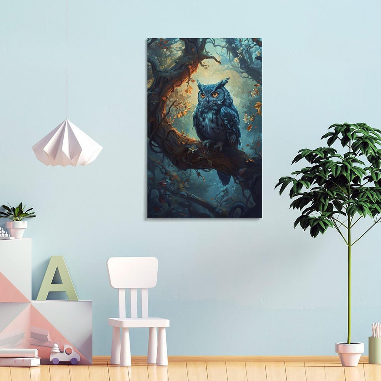 Amazon.co.jp: 絵画 枝に座っている青いフクロウ アートパネル