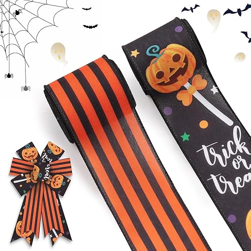 Miniatura 1 de ALIBBON 2 rollos de cinta con alambre de Halloween de 2.5 pulgadas × 5 yardas de cinta de arpillera de calabaza de Halloween, cintas de arpillera de