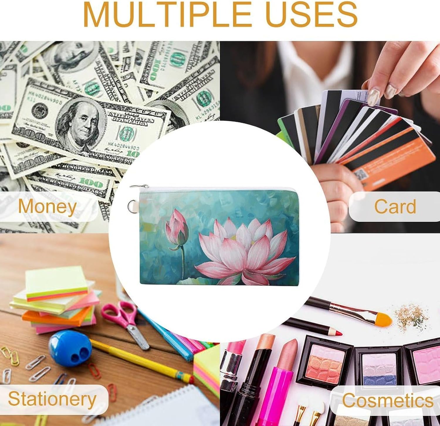 Lotus Flower Painting Coin Purse Coin Pouch with Zipper for Men Women Portable Change Wallet Canvas Coin Bag