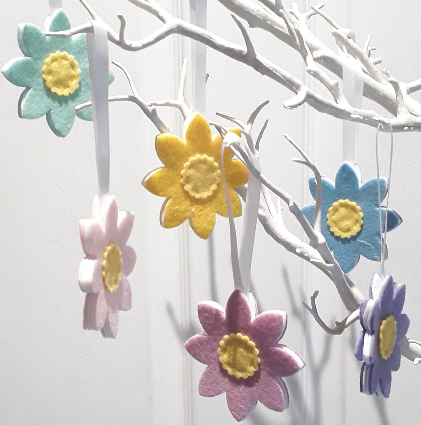 Handmade Easter Decorations, Spring Summer Pastel Felt Hanging Tree Ornaments. Flower Decorative Accessories, For Home, Living Room, Bedroom, Nursery, Mothers Day. 6 Pack