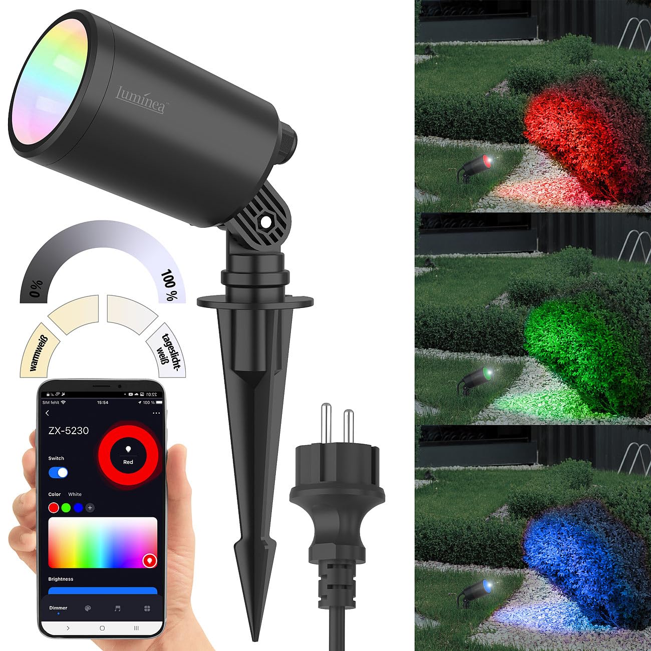 Luminea Home Control Gartenbeleuchtung: 3er-Set WLAN-Gartenstrahler, RGB & CCT, 7 W, 520 lm, IP65, App (Gartenspot, LED Garten, RGBW)