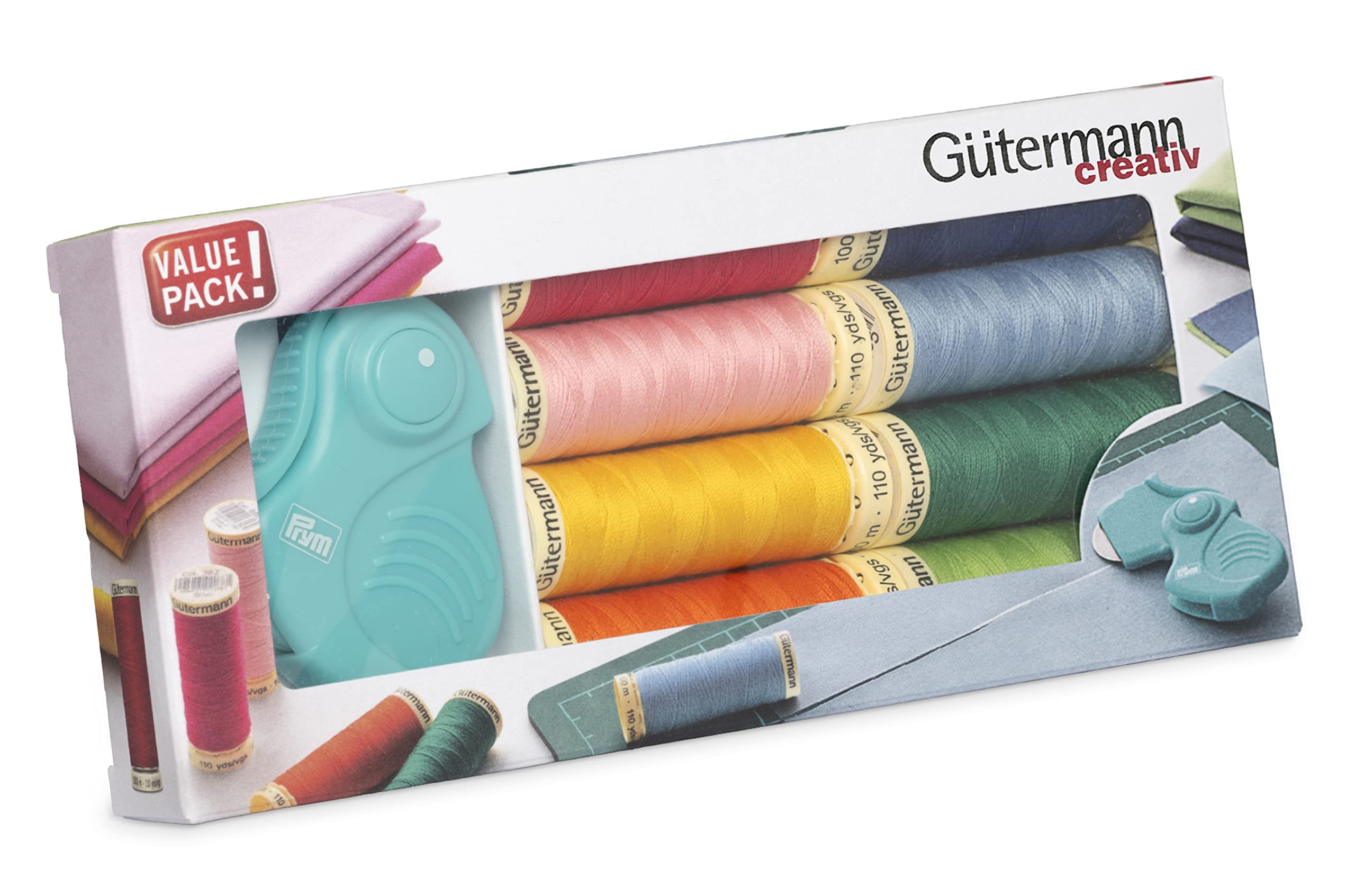 Gütermanncreativ Sewing Thread Set with 8 spools Sew-All Thread 100 m in Bright Colours + a Folding Rotary Cutter from PRYM.