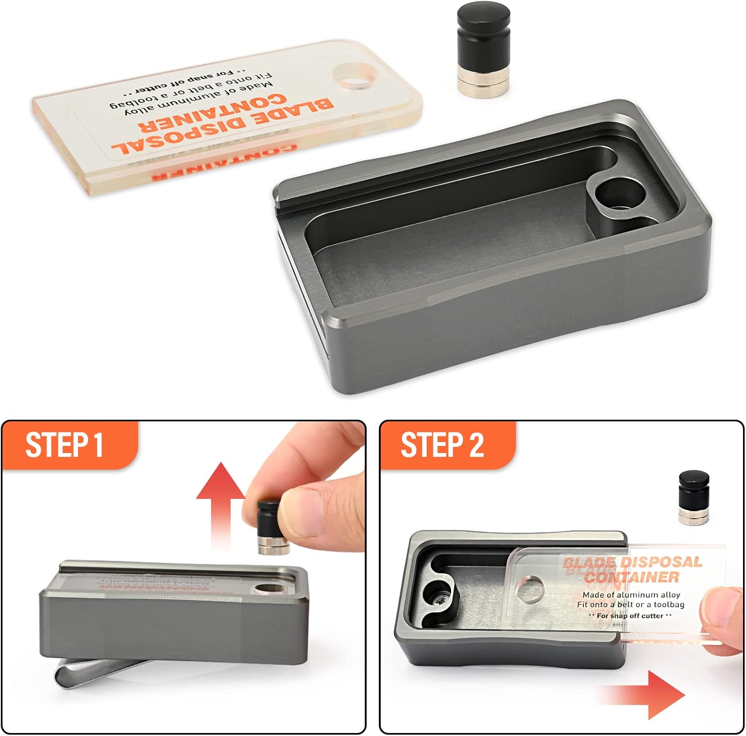 NEWISHTOOL Portable Blade Snap Off Box Razor Disposal Container Storage Bank, Safety to Dispose of Most 9mm 18mm Utility Knife Blades, Aluminum Alloy Blades Breaker with Magnet and Clip