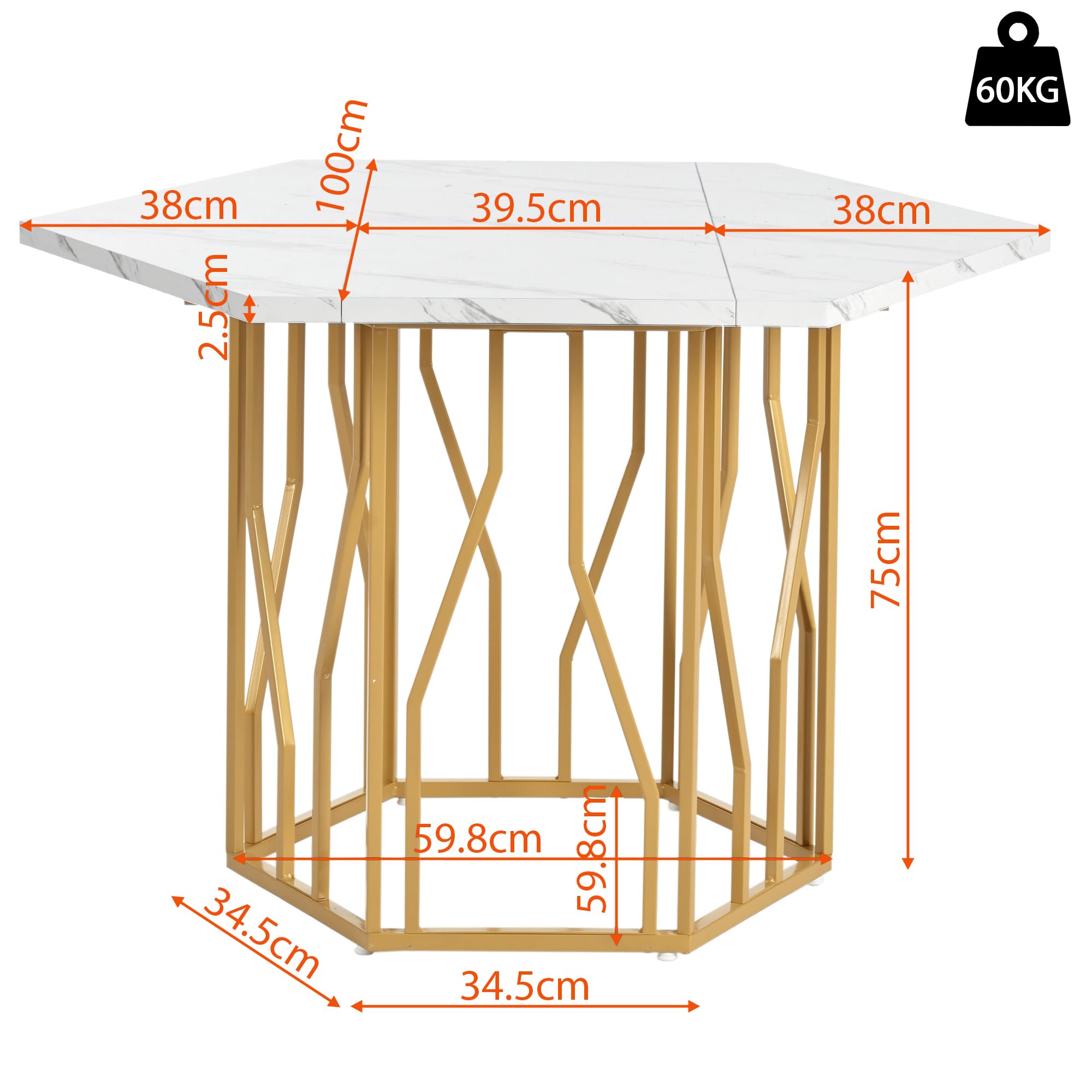 Tavolo da pranzo esagonale, moderno bianco marmorizzato, piccolo tavolo da pranzo con struttura in metallo, tavolo da pranzo, tavolo da cucina, tavolo per soggiorno, sala da pranzo, 115,5 x