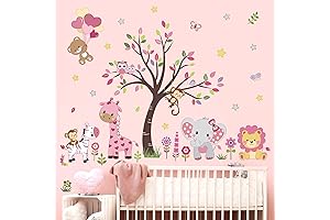 Decalmile Pink Animal Tree Wall Decals- Peel and Stick Forest Animal Wall Stickers for Kids