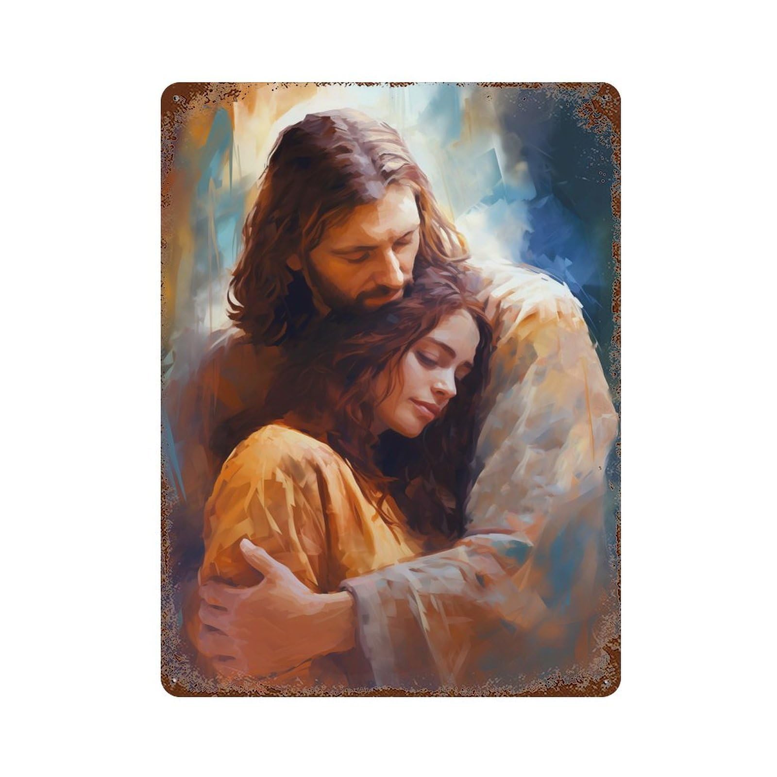 Jesus Embracing Woman 15.7"x11.8" Aged Metal Wall Plaque, Retro Wall Decor for Farmhouse, Kitchen And Entryway Decor
