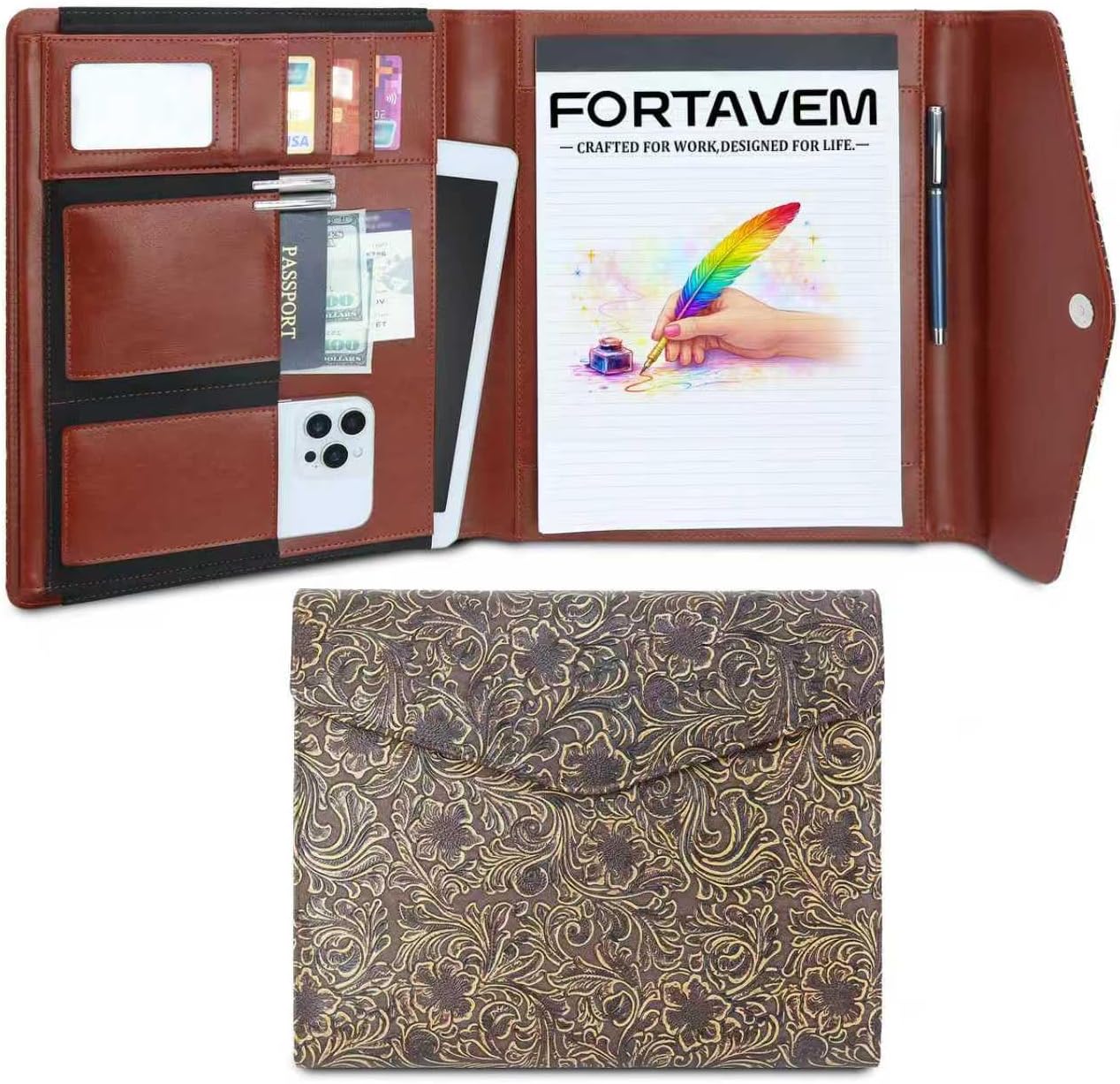 Padfolio Portfolio Organizer Binder, Professional Embossed Faux Leather Interview Resume Folder with Magnetic Closure, Trifold A4 Letter Writing Pad Holder