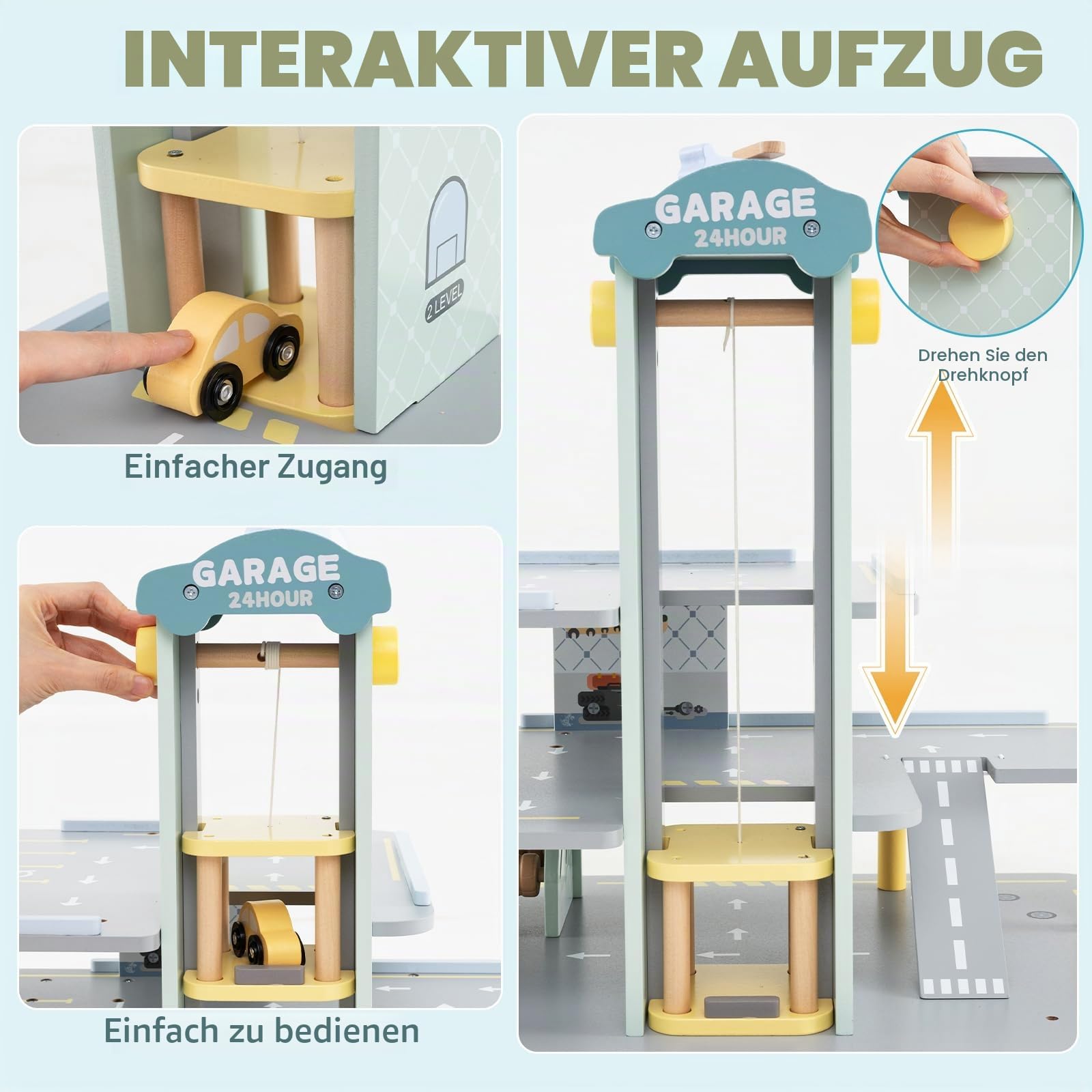 HOMASIS Garagenset mit 3 Etagen, Parkplatz aus Holz mit 4 Autos, Hubschrauberlandeplatz, Tankstelle, Aufzug, Autowäsche, Spielzeuggarage für Kinder ab 3 Jahren, 50 x 40 x 47 cm, Grau