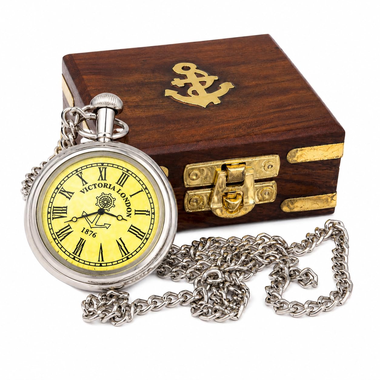 M.A & SONS Brass Working Pocket Watch Silver' With Wooden box I Customization available