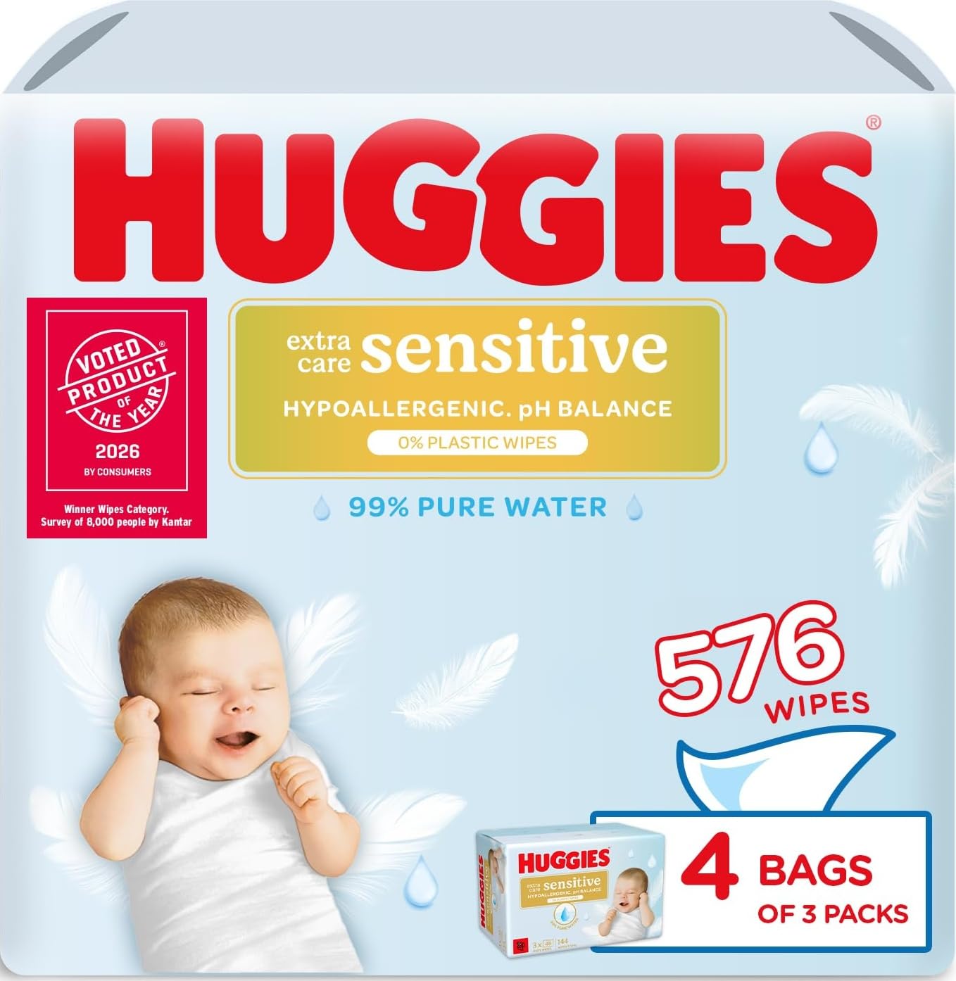 Huggies Extra Care Sensitive Baby Wipes - 12 Pack (576 Wipes) – Plastic Free Wet Wipes, 99% Water, Fragrance Free, Hypoallergenic, Extra Soft Texture with Soft Pillows
