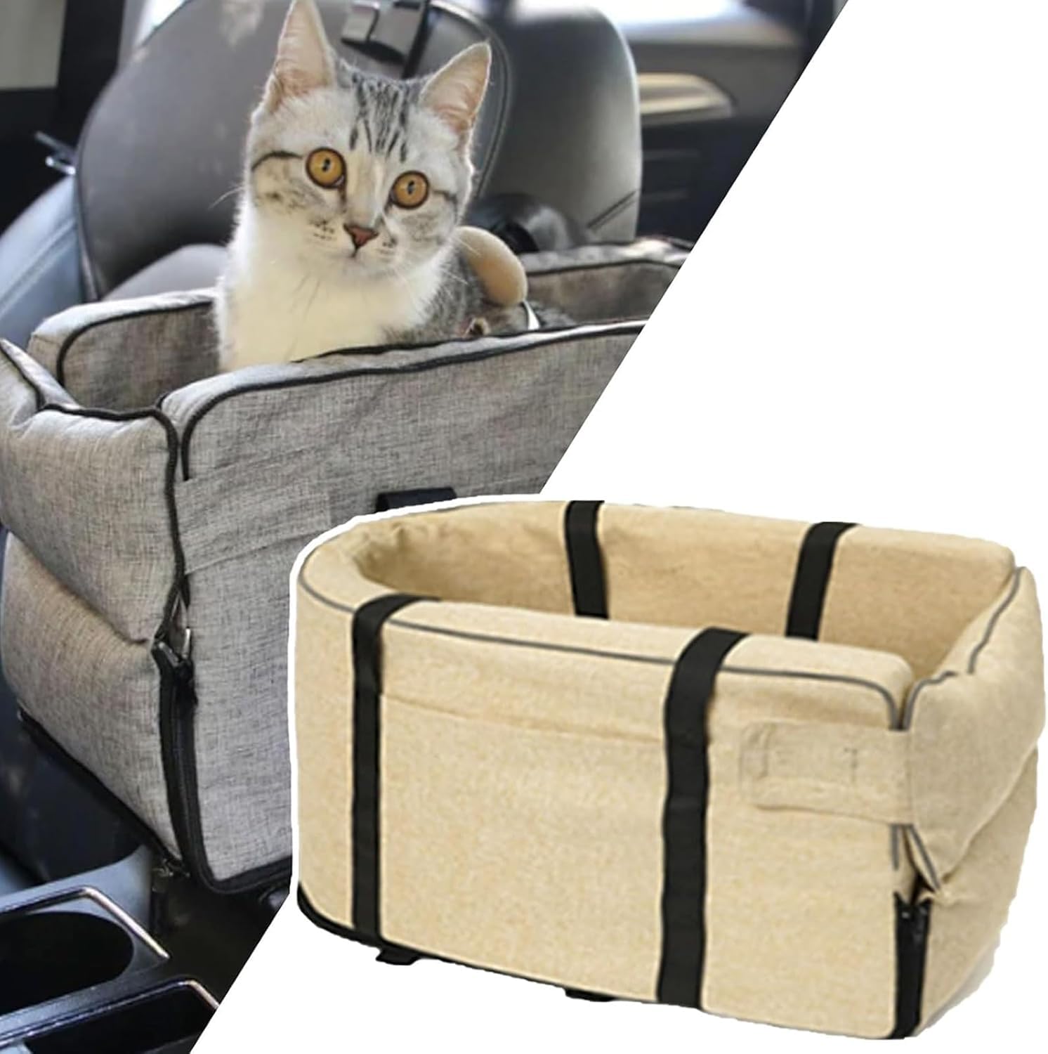 Gentle Paws Car Cat Carrier, Console Dog Seat, Armrest Booster for Small Dogs, Detachable Washable (Beige, One Size)