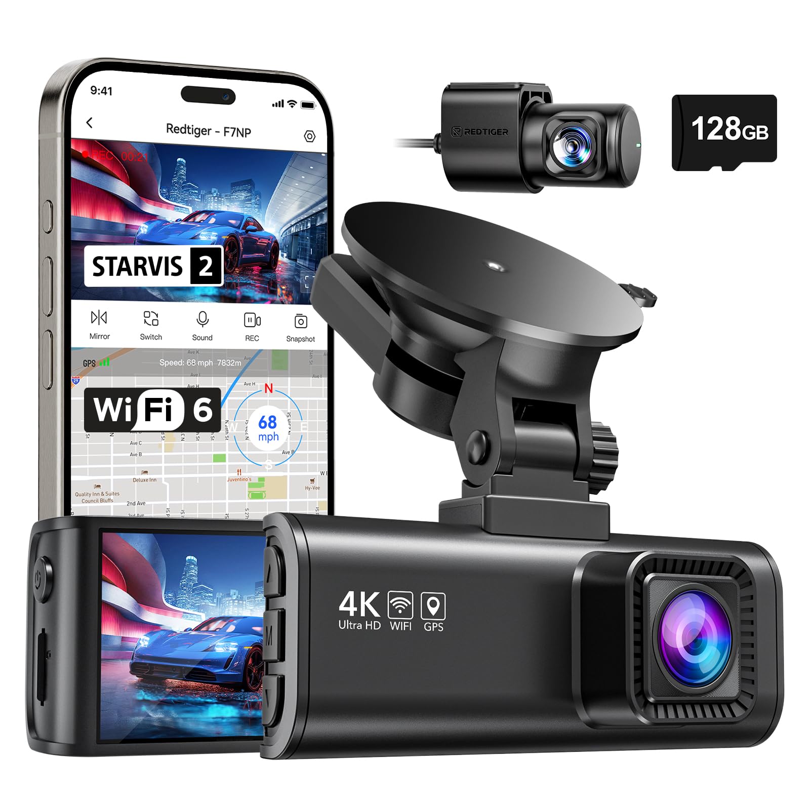 REDTIGER Dash Camera, Front and Rear Camera, 4K/2.5K Full HD Car Dash Camera, 32GB SD Card, Built-in Wi-Fi GPS, 3.18-inch IPS Screen, 170° Wide Angle, WDR Included, 24H Parking Surveillance