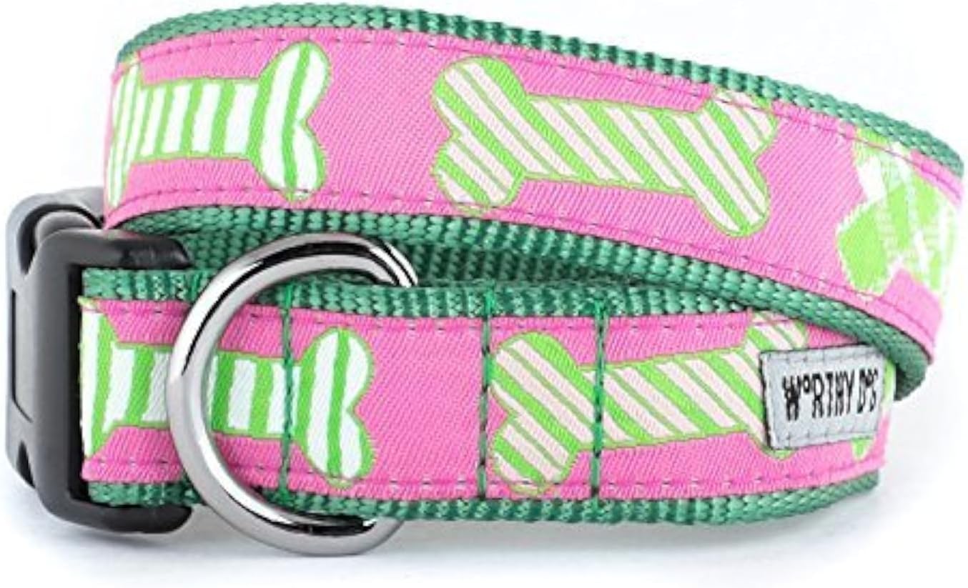 The Worthy Dog Preppy Bones Designer Adjustable and Comfortable Nylon Webbing, Side Release Buckle Collar for Dogs - Medium Dogs, Blue Color
